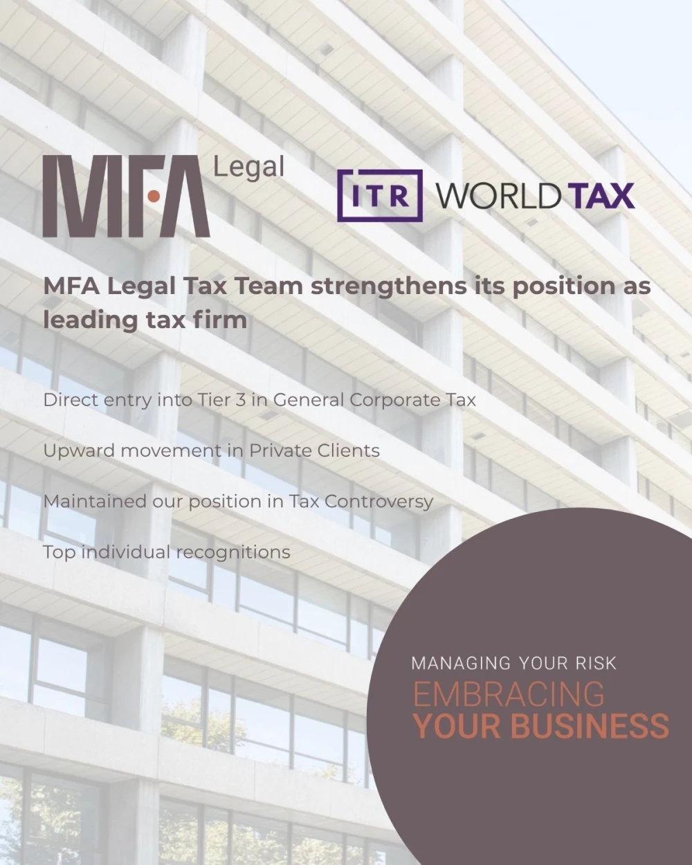 A MFA Legal reforça a sua posição na área fiscal no ranking da ITR World Tax 2026